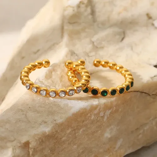 ZTRT423 Elegant 18K Gold Plated Zircon Bead Ring White Green Open Band, Stainless Steel Women's Jewelry