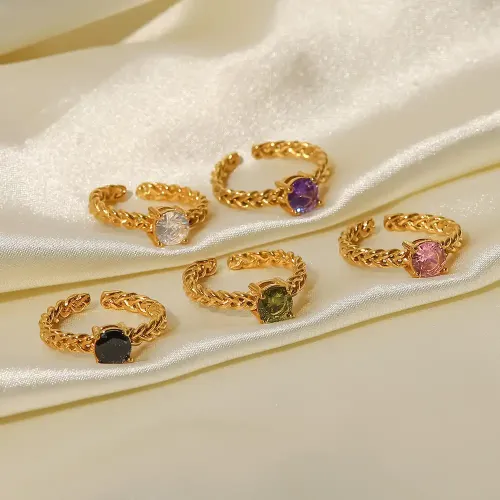 ZTRT132 Elegant 18K Gold Stainless Steel Wheat Ear Braided Ring with Round Zircon for Women