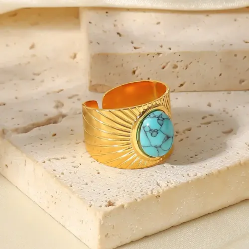 ZTRT134 Chic 18K Gold Plated Turquoise Swirl Stainless Steel Women's Ring Elegant Jewelry Accessory