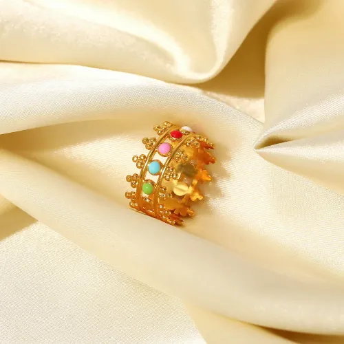 ZTRT426 18K Gold Plated Colorful Crown Ring Enamel Oil Drop Design, Stainless Steel Waterproof Broadband Jewelry for Women