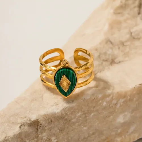 ZTRT334 18K Gold Plated Natural Malachite Ring Stainless Steel Women's Jewelry Wholesale