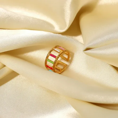 ZTRT323 Chic 18K Gold Plated Open Ring for Women, Colorful Enamel Oil Drip Design, Stainless Steel Party Jewelry