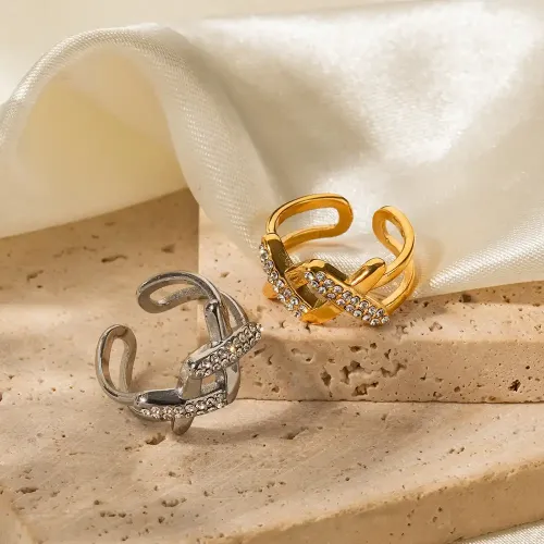 ZTRT378 X Shaped Open Ring with Zircon 18K Gold Plated Stainless Steel Wholesale Jewelry
