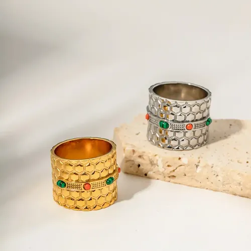 ZTRT333 18K Gold Stainless Steel Wide Ring with Green Malachite Honeycomb Pattern Jewelry Wholesale
