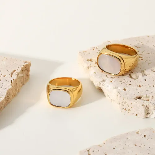 ZTRT366 18K Gold Plated Stainless Steel Couple Ring White Shell Rectangular Wedding Band