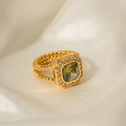 ZTRT267 18K Gold Double Layer Twist Ring with Octagonal Olive Green Zircon Wholesale Jewelry