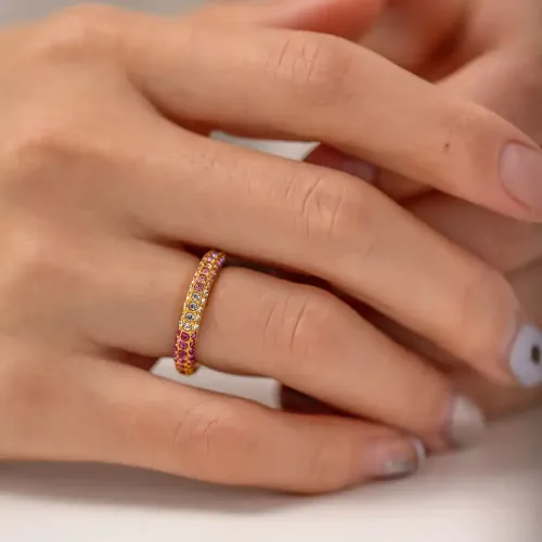 ZTRT342 18K Gold Plated Stainless Steel Ring with Colored Diamonds Elegant Fashion Jewelry