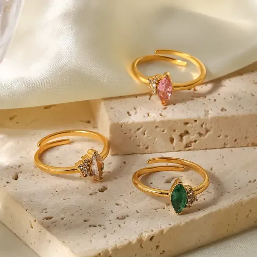 ZTRT352 18K Gold Plated Stainless Steel Ring White, Green & Pink Oval Zircon for Women