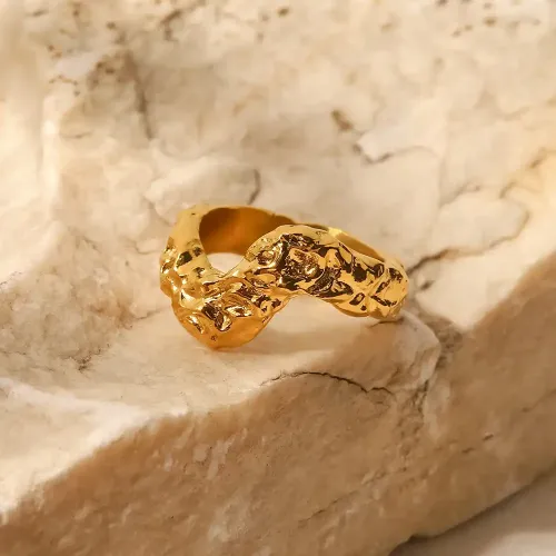 ZTRT294 Women's Punk V Shaped 18K Gold Plated Hammered Stainless Steel Irregular Ring
