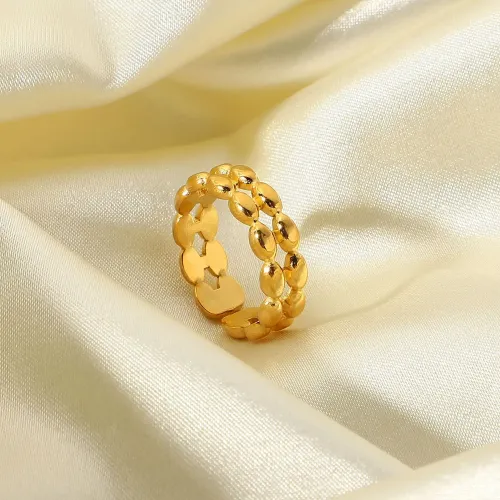 ZTRT76 18K Gold Plated Double Layer Oval Bean Stainless Steel Open Ring, Individually Packaged