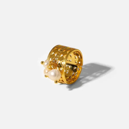 ZTRT410 18K Gold Geometric Open Ring with Triple Pearls Stainless Steel Hollow Design for Women