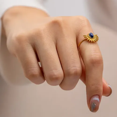 ZTRT188 18K Gold Plated Lapis Lazuli Open Ring, Stainless Steel Women's Hand Accessory