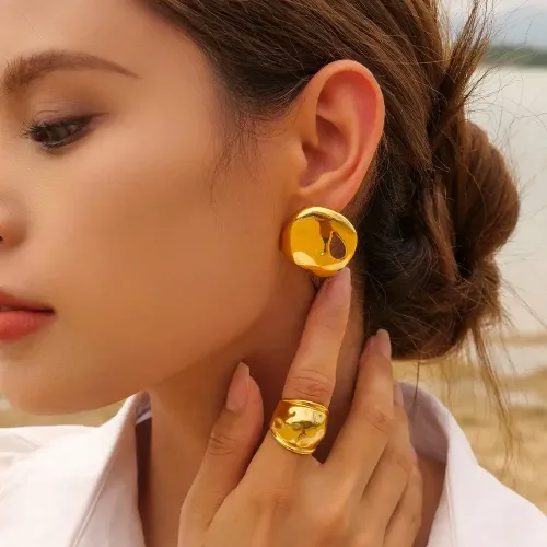 ZTRT83 18K Gold Plated Chubby Large Lips Double Sided Stainless Steel Ring for Women