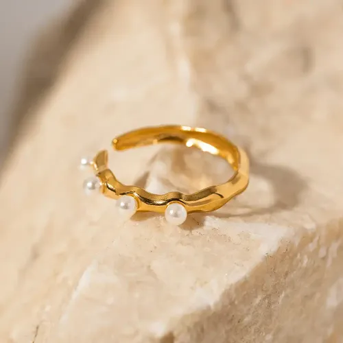 ZTRT250 Wholesale 18K Gold Plated Stainless Steel Open Ring with Five Pearls Chic Jewelry