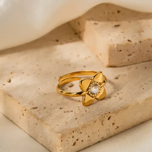 ZTRT371 16K Gold Plated White Zircon Flower Open Ring Stainless Steel Adjustable Floral Jewelry
