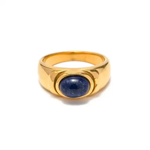 ZTRT392 Chic 18K Gold Stainless Steel Oval Lapis Lazuli Ring Trendy Women's Statement Jewelry