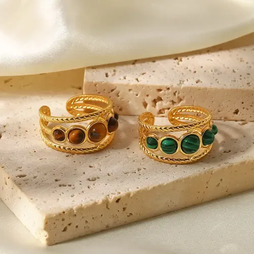 ZTRT152 Chic Women's Green Malachite & Tiger Eye Stone Open Ring Trendy Hollow Design