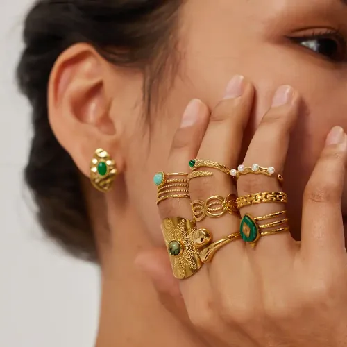 ZTRT11 Wholesale 18K Gold Plated Malachite Ring Women's Stainless Steel Natural Stone Jewelry