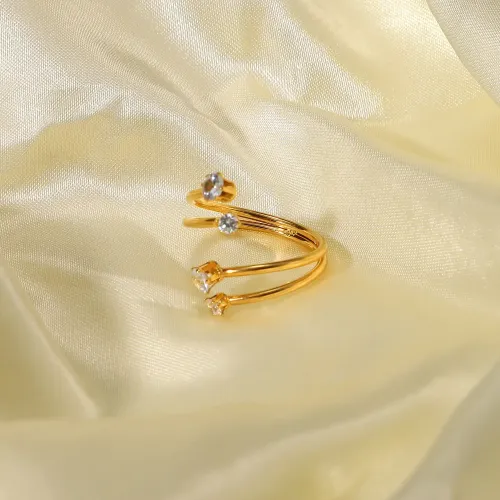 ZTRT91 18K Gold Plated Open Ring with White Zirconia & Quad Diamond, Women's Stainless Steel Jewelry