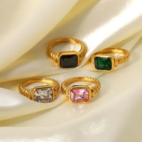 ZTRT339  Elegant Pink Zircon Rectangular Ring Stainless Steel 18K Gold Jewelry for Women