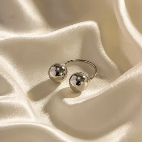 ZTRT184 Trendy Stainless Steel Double Ball Open Ring Chic Steel Color Accessory