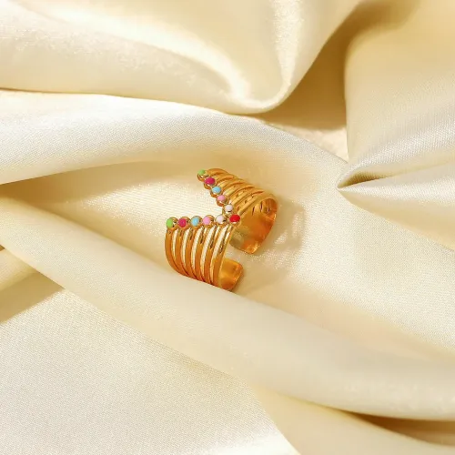 ZTRT262 18K Gold Plated V Shaped Wide Ring with Waterproof Color Enamel Stainless Steel Women's Jewelry