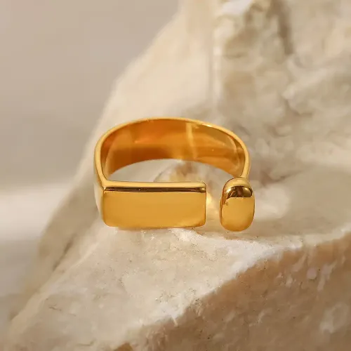 ZTRT398 18K Gold Plated Stainless Steel Square Ring, Women's Open Exclamation Design