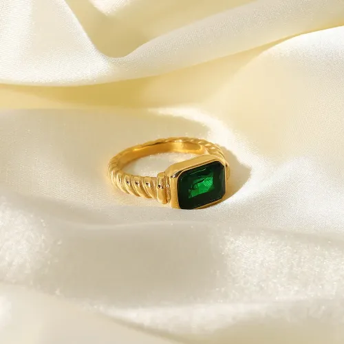 ZTRT19 Emerald Pink Zircon Croissant Ring Stainless Steel Rectangular Twisted Spiral Jewelry for Women
