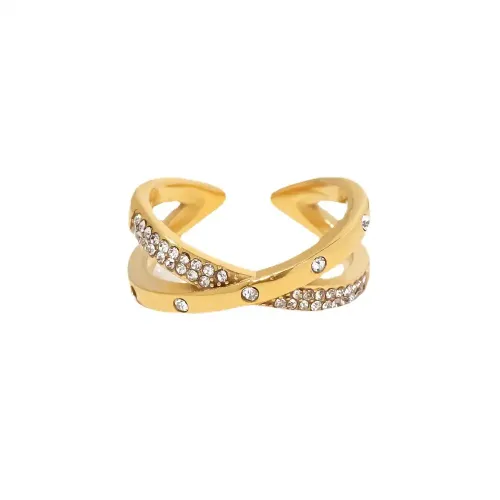 ZTRT295 18K Gold Plated Stainless Steel Ring with White Diamonds Women's Open Design