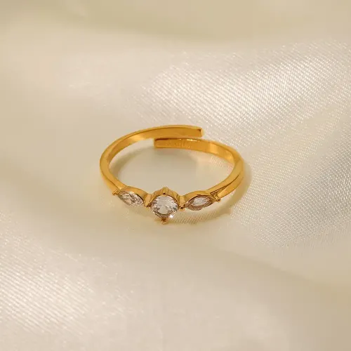 ZTRT397 18K Gold Teardrop Open Ring with White Diamonds, Elegant Adjustable Band