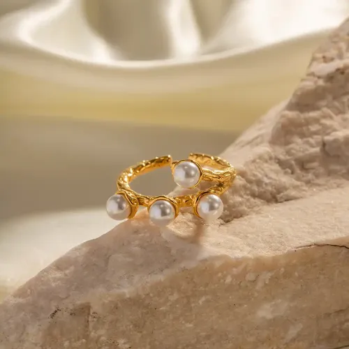 ZTRT185 18k Gold Pleated Branch Design Pearl Open Ring, Stainless Steel Elegance