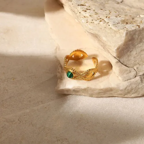 ZTRT230 Women's 18K Gold Plated Stainless Steel Open Ring with Natural Green Malachite Stone