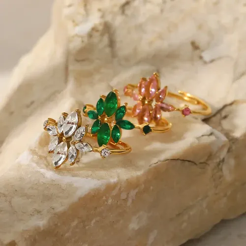 ZTRT259 18K Gold Plated Thin Flower Zircon Ring, Green Zirconium Adjustable Women's Band