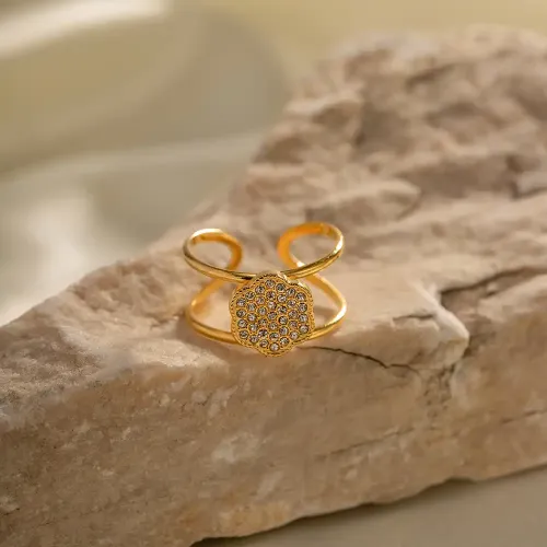 ZTRT384 18K Gold Plated Full Zirconium Round Flower Open Ring Elegant Jewelry