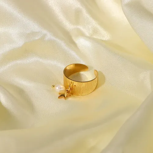 ZTRT166 18K Gold Plated Pearl Pendant Ring Open Stainless Steel Star & Love Design