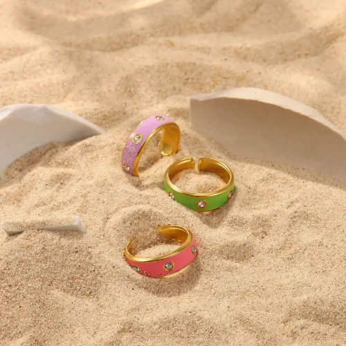 ZTRT322 Whimsical 18K Gold Stainless Steel Open Ring with Oil Drip Design, Inlaid Zircon in Purple & Pink