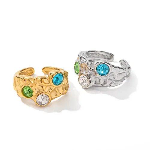 ZTRT138 18K Gold Plated Liquid Diamond Open Ring Stainless Steel Finger Jewelry