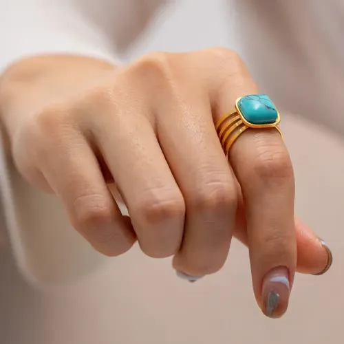 ZTRT341 18K Gold Plated Stainless Steel Turquoise Open Ring Natural Stone Women's Accessory