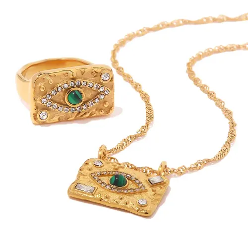 ZTRT26 18K Gold Plated Zircon Devil's Eye Ring Green Malachite Women's Square Stone Jewelry