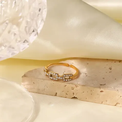 ZTRT395 18K Gold Plated Stainless Steel Square Link Diamond Stackable Ring for Women