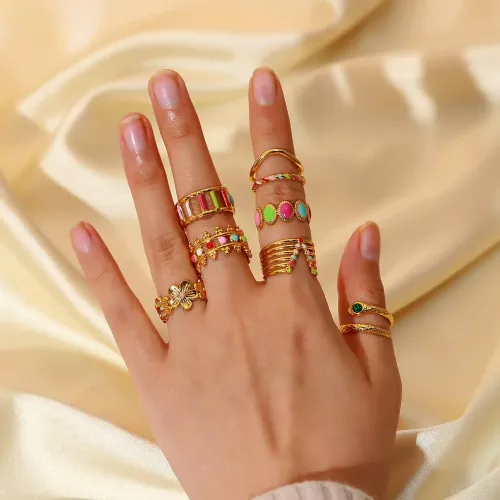 ZTRT18 18K Gold Plated Stainless Steel Women's Geometric Drip Color Ring Elegant Jewelry