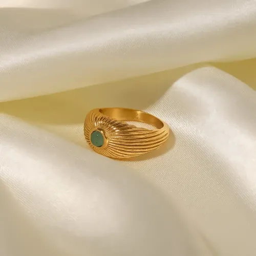 ZTRT63 18K Gold Plated Sun Shaped Ring with Natural Green Stone, Stainless Steel Punk Women's Ring
