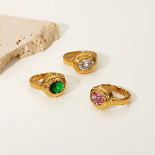 ZTRT164 18K Gold Plated Multi Layer Oval Zircon Ring Stainless Steel Women's Hand Accessory