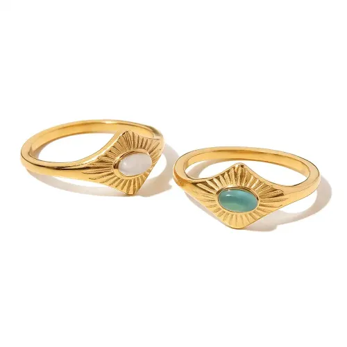 ZTRT68 Chic 18K Gold Stainless Steel Ring Inlaid Blue opal Women