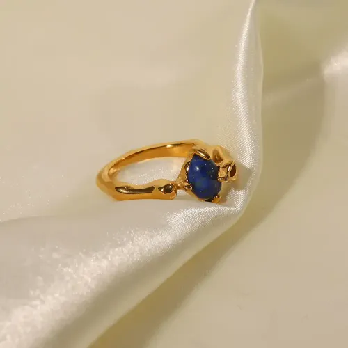 ZTRT129 Elegant Women's Stainless Steel Ring with Inlaid Blue Lapis Lazuli