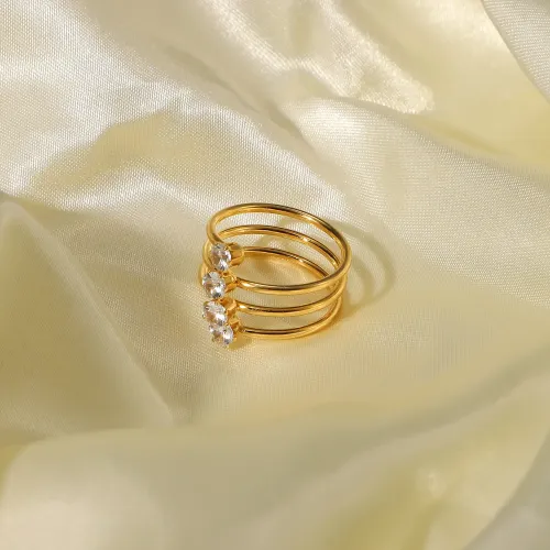 ZTRT411 18K Gold Plated Open Ring with Side by Side White Zirconia and Diamonds Stainless Steel Women's Jewelry