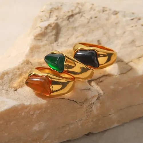 ZTRT35 Women's Stainless Steel Index Finger Ring with Inlaid Green Natural Stone