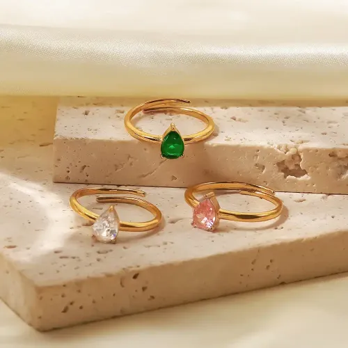 ZTRT127 18K Gold Pear Shaped Zircon Ring Adjustable White, Green & Pink Band for Women