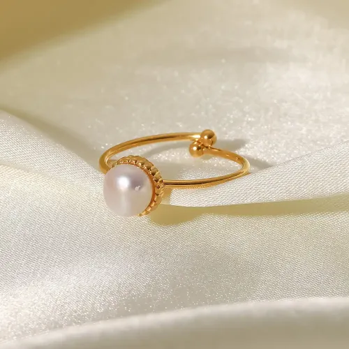 ZTRT226 18K Gold Plated Stainless Steel Adjustable Ring with Freshwater Pearl Bead