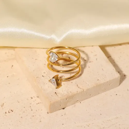 ZTRT406 18K Gold Plated Spiral Triangular Zircon Heart Ring, Stainless Steel Screw Design Jewelry for Women